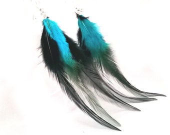 Turquoise Blue & Black Feather Dangle Earrings, Long Feather Earrings MADE TO ORDER
