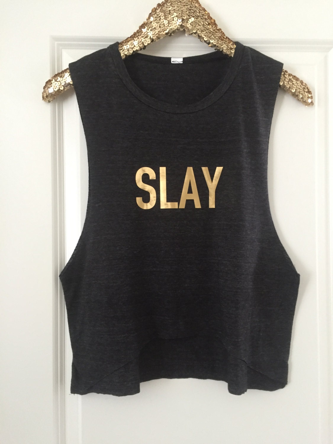 SLAY Cropped Front Muscle Tank Top- Gold Foil - Gift for her // Coworker gift // friend gift // gym top // workout // Fitness / 6003