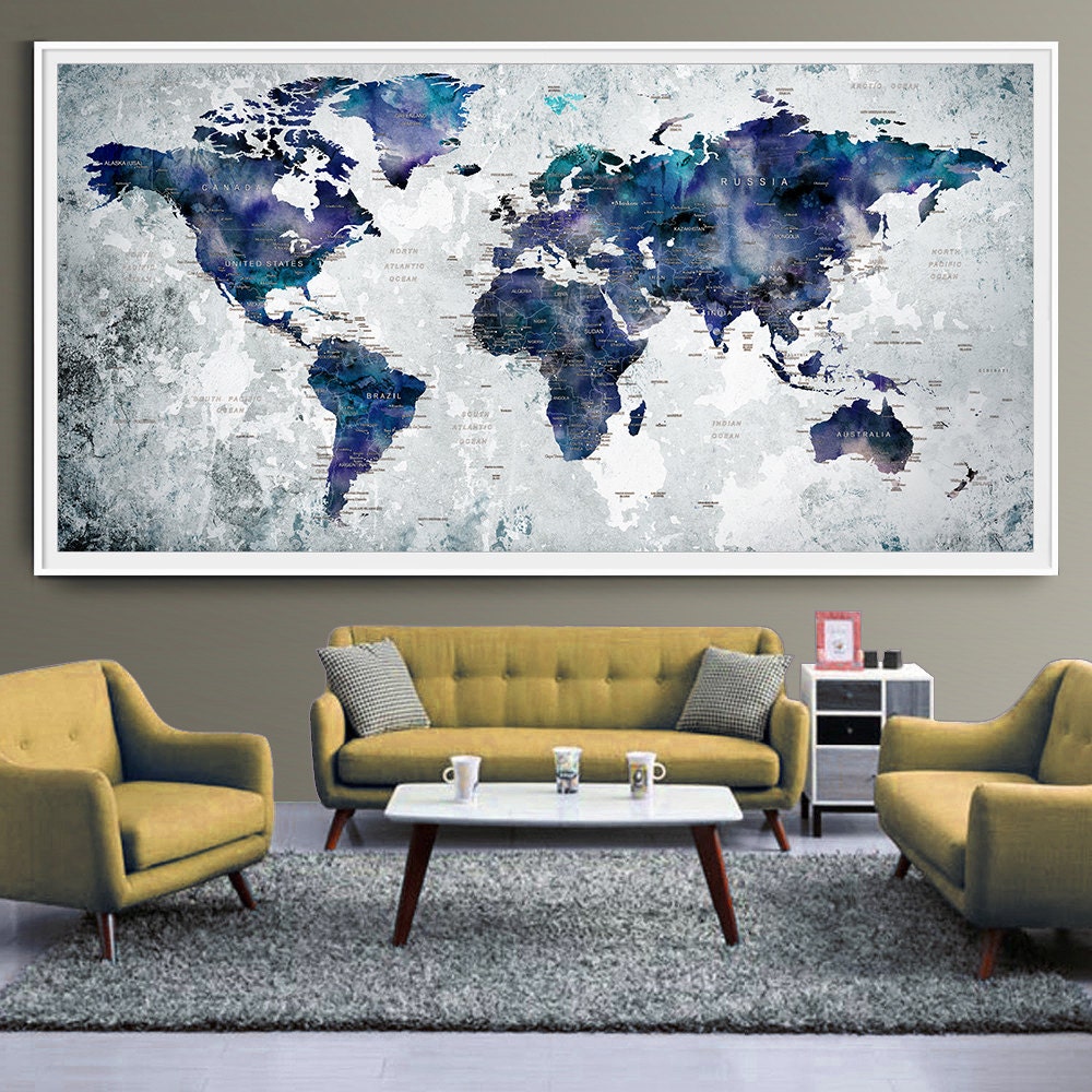 WORLD MAP Art Print Poster Watercolor World Map Push Pin Wall