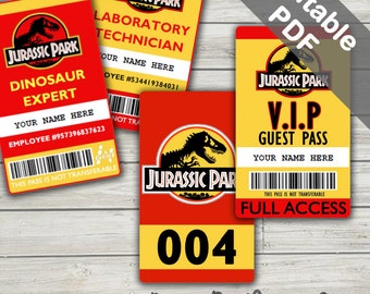 Jurassic Park Costume; Jurassic Park ID Badge, Visitor Pass, Vehicle Pass. Party Printables. (Editable PDF)