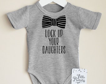 Lock Up Your Daughters Baby Boy Clothes. Baby Boy's Bodysuit with Bow Graphic. Infant Boy Clothing. Hipster Boy Shirt. Choose Your Color.