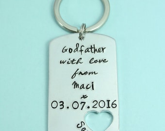 Personalised Godparent Gift | Godmother/Godfather/Guide Parent | Dog Tag Keyring | Key Ring | Christening Date | God Child's Name
