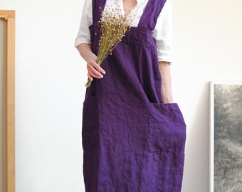 Linen pinafore apron, linen pinafore with pockets, square cross linen apron, linen apron dress for women