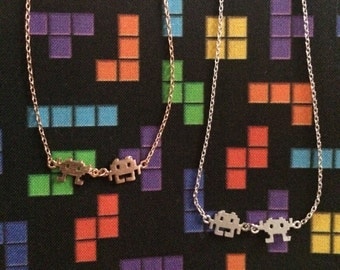 Silver, Yellow Gold, and Rose Gold Space Invaders Charm Necklaces