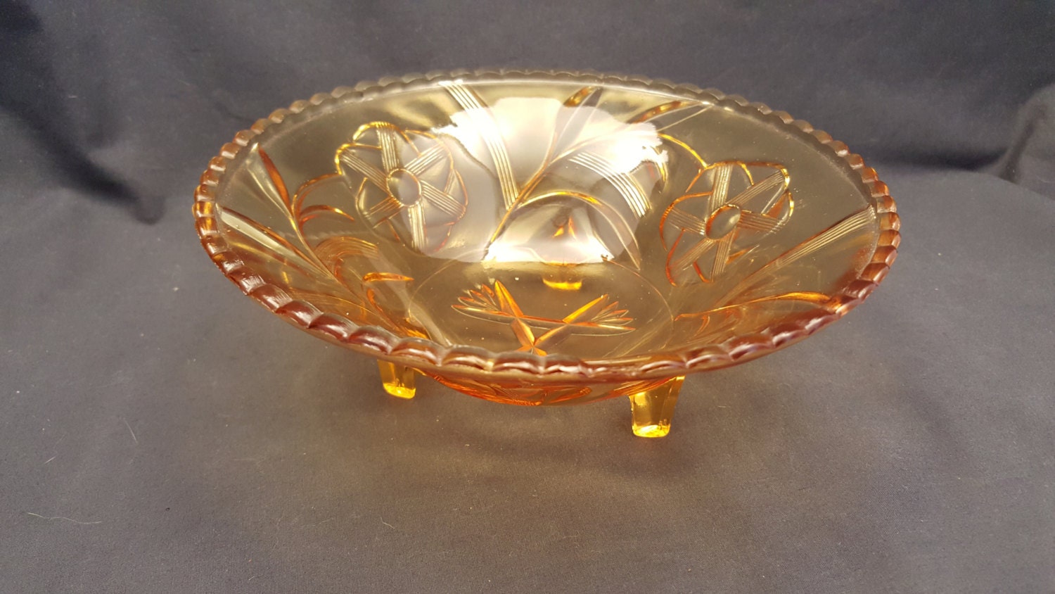 Vintage Depression Glass Bowl Floral Candy Dish Yellow Amber 9042