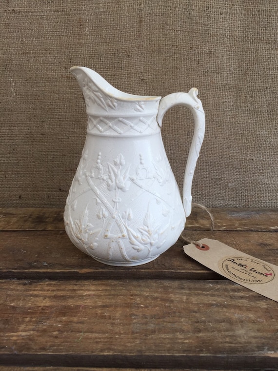 IRONSTONE CHINA JUG - Antique Victorian Salt Glaze Pitcher / Creamware Jug by J Edwards & Sons Dalehall Burslem Staffordshire 1865 / Lace