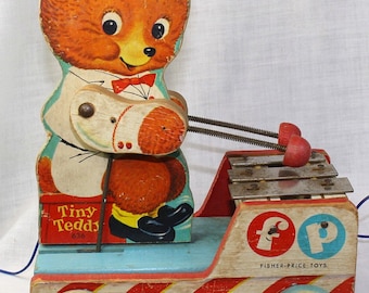 Vintage Fisher Price Tiny Teddy Musical Pull Toy 1950's Candyman-Teddy Bear