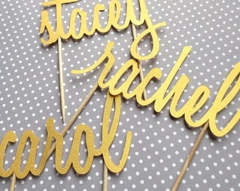 Small Cake Topper - Personalized Name - Party Decor - Birthday Girl - Cursive Script - Custom Paper Cut - Toothpick Skewers - Bridal Shower