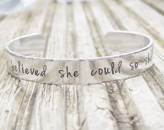 Personalized bracelet, she believed she could so she did, silver motivational jewelry, aluminum cuff bangle, quote bracelet, gift for runner