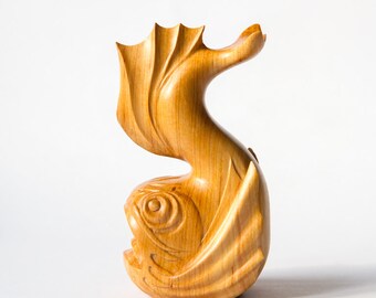 Wooden Koi Fish Statue, Wooden Koi Fish Figurine, Carved Koi Fish, Wood Carving, Wooden Statue, Wooden Figurine