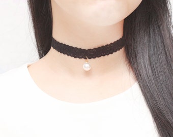 Black Lace Choker, White Pearl Choker, Womens Choker, Cute Choker, Lovely Necklace, Delicate Necklace, Beautiful Necklace, Gift Necklace