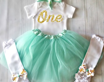 1st Birthday Girl Outfit, Mint and Gold Birthday Outfit, First Birthday Shirt, Cake Smash Outfit Girl, 20 Glitter Colors To Choose From!