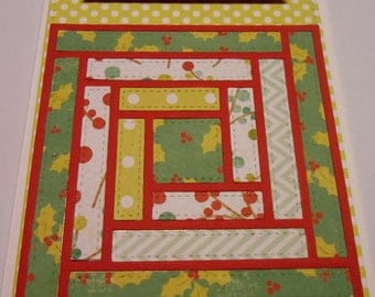 Handmade Paper Quilted Log Cabin Christmas Card