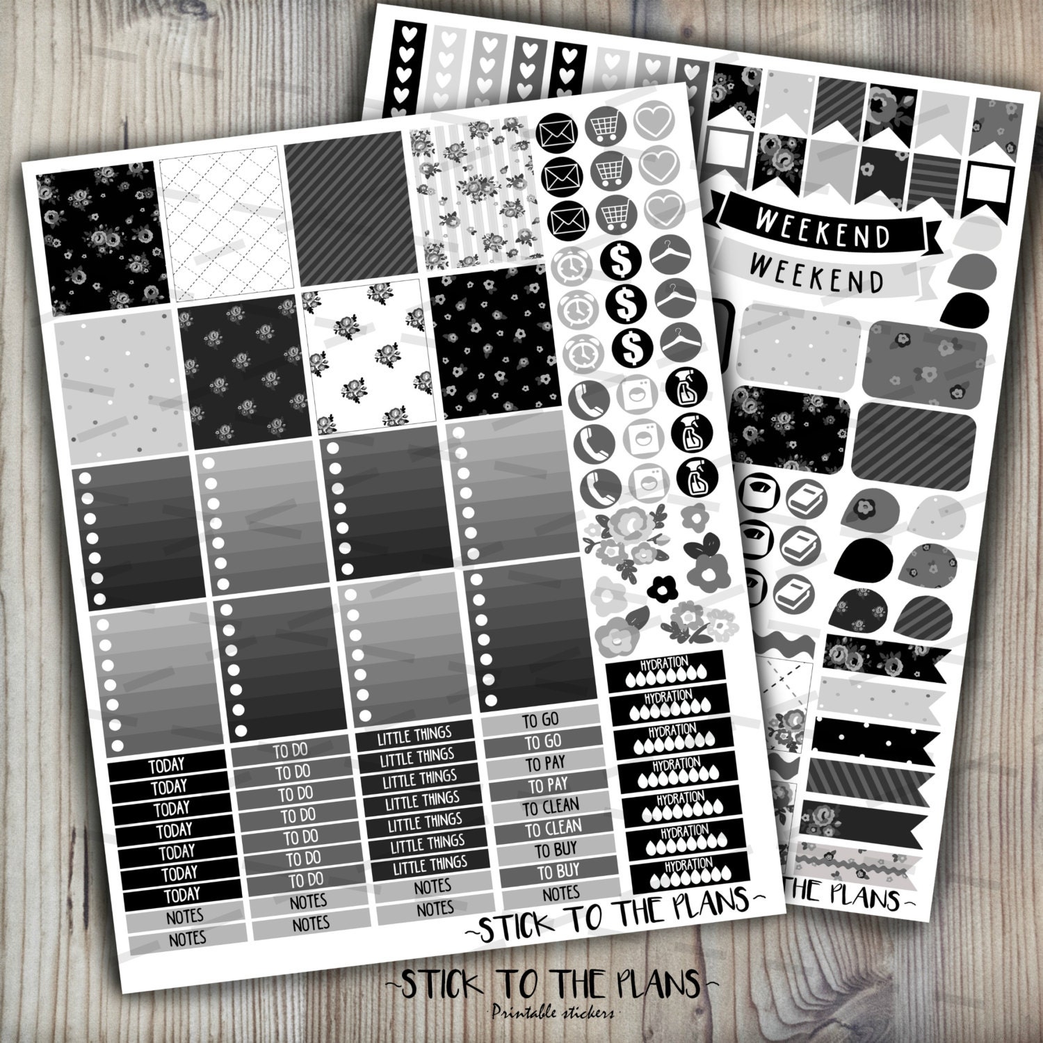 black and white printable planner stickers black gray roses