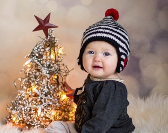 Earflap Baby Hat, Striped Knit Baby Hat, Heart Baby Hat for Girl, First Valentine's Day Outfit, Winter Infant Hat, Girl Coming Home Outfit