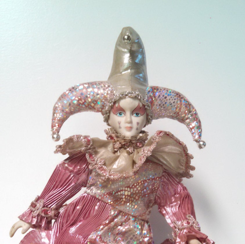 Porcelain Musical Jester Pink Silver Clown