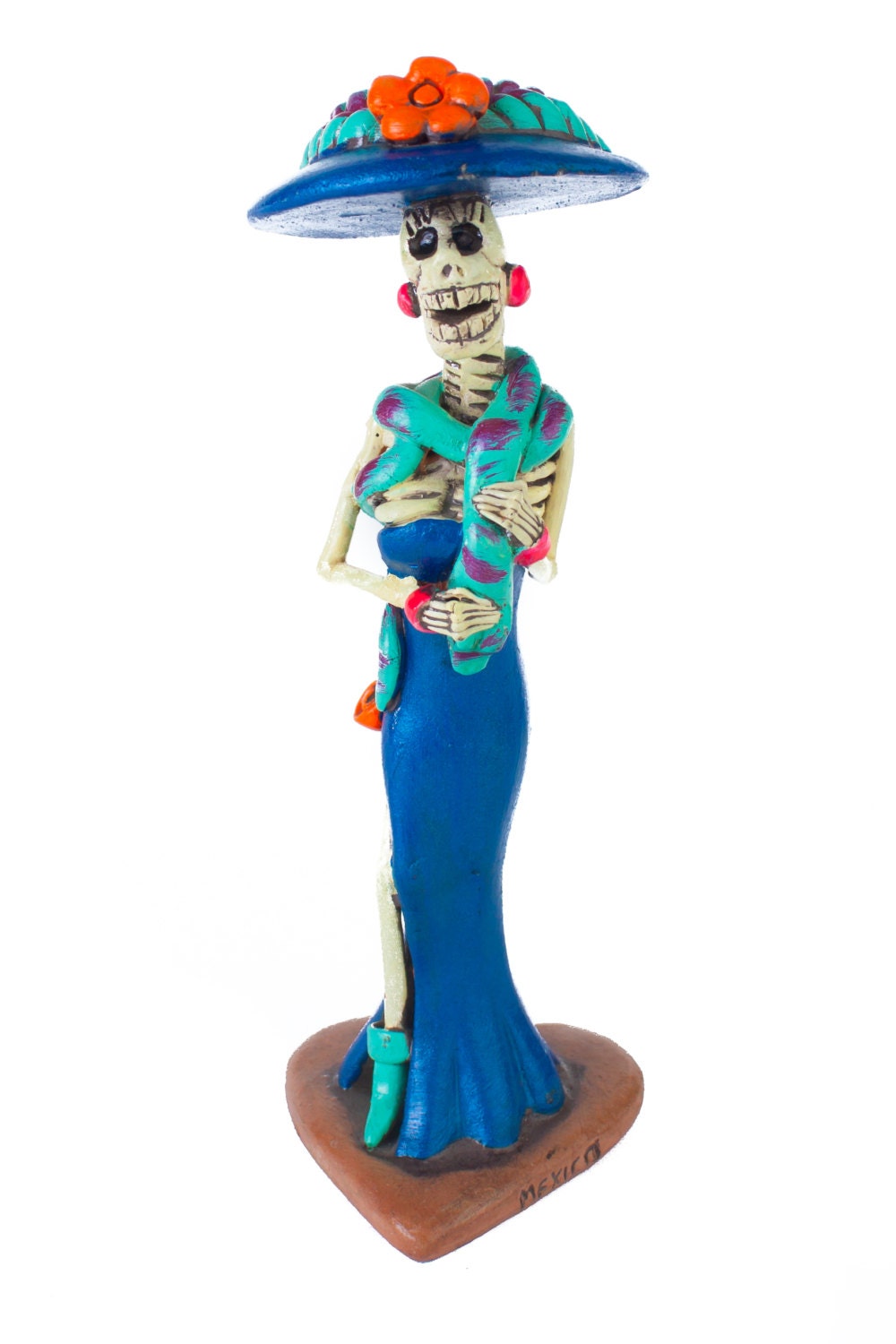 Catrina Fancy Blue Dress With Snake Hand Painted Clay Colorful