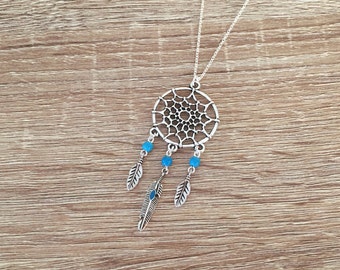 Dreamcatcher Necklace, Feather Pendant, Boho Necklace, Native American Jewelry, Turquoise Necklace, Antique Silver Dreamcatcher Charm
