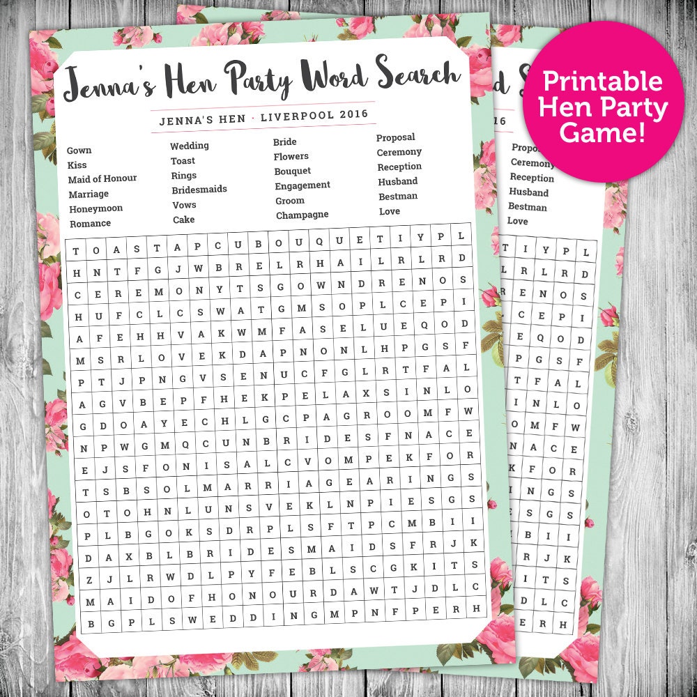 Hen Night Word Search Personalised Hen Party Game Pink