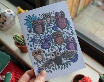 Owl Greetings Cards // Illustrated Owls Card // Hand Drawn Original Design // Bird Lovers // Floral Design // A5 Envelope Included