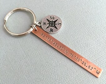 Double Sided Rustic Coordinate Keychain, Latitude Longitude, Man Gift, Gift for Boyfriend, Long Distance, Best Friend, Traveller Gift, GPS
