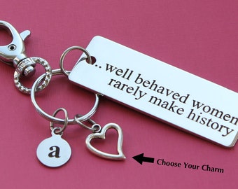 Personalized Key Chain Well Behaved Women Rarely Make History Stainless Steel Customized with Your Charm & Initial -K407