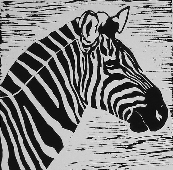 Linocut Print Zebra Animal Stripe Stripes by CraftOlandStudio