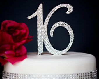 Sweet 16 Cake Topper - Premium Crystal Rhinestones - Monogram Number Sixteen 16 Birthday - Rhinestones Securely Attached - Perfect Keepsake