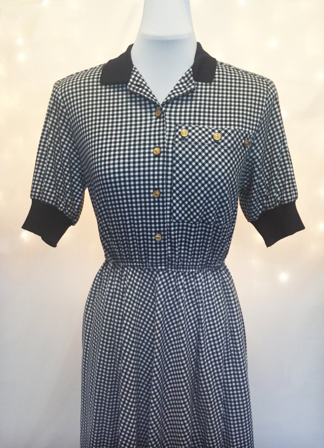 Vintage Navy Gingham Dress With Gold Buttons And Pocket Size