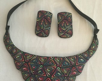 Colorful triangles necklace plus earrings, polymer clay, handmade