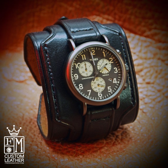 Black Leather cuff watch Slick Triple layer vintage style Wide layered leather watch band Hand made in NYC for YOU by Freddie Matara!