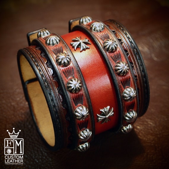 Leather Wrist Cuff Cherry Red Traditional American Cowboy ROCKSTAR Bracelet made for YOU in NYC by Freddie Matara
