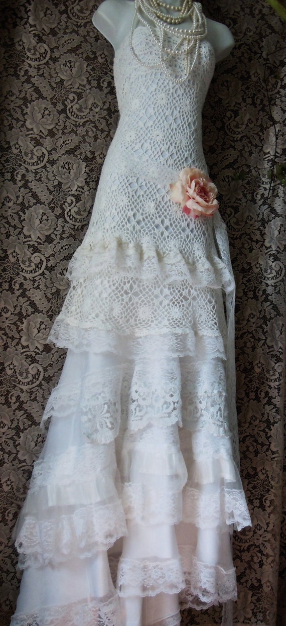 Crochet lace dress wedding white ivory by vintageopulence on Etsy