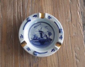 Souvenir Delfts Holland Ashtray with Gilding and Windmill