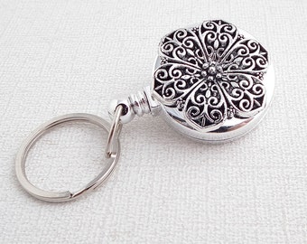 Silver Filigree Key Ring on Badge Reel, Key Chain