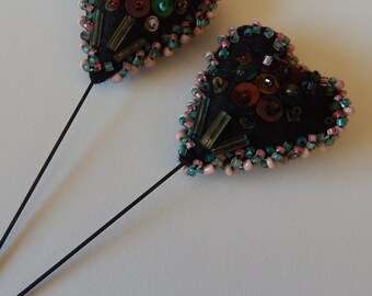 Cloth Heart Hatpins - Set - Sequins - Vintage Hats - Circa 1935 45