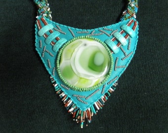 FREE SHIP Summer Camp Aqua & turquoise beadwork Necklace with Green fused glass Cabochon by Lauren Urban  - BearlyArtDesigns