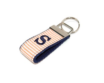 Mini Orange Seersucker and Navy Blue Monogrammed Keychain - Custom Embroidered Initial or 3 Letter Monogram Key fob