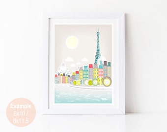 Paris Art Print, Paris Skyline Wall Art Prints Poster, Seine Bridges, Eiffel Tower, illustration, Art For Home, Nursery Art Print SPPPS1