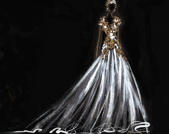 Custom Wedding Dress Sketch - Wedding Gown Illustration Bride Bridesmaid Dress Bridal Shower Invite Wedding Dress Art Drawing Painting
