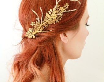 Golden hair comb, gilded leaf comb, bridal headpiece, golden leaf headpiece, rustic wedding, boho bridal comb, woodland wedding hair comb