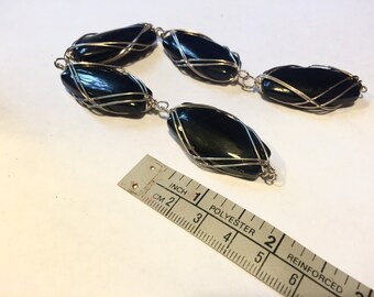 Supplies - Large Black Glass Beads - Wire Wrapped - Silver - Quantity 5