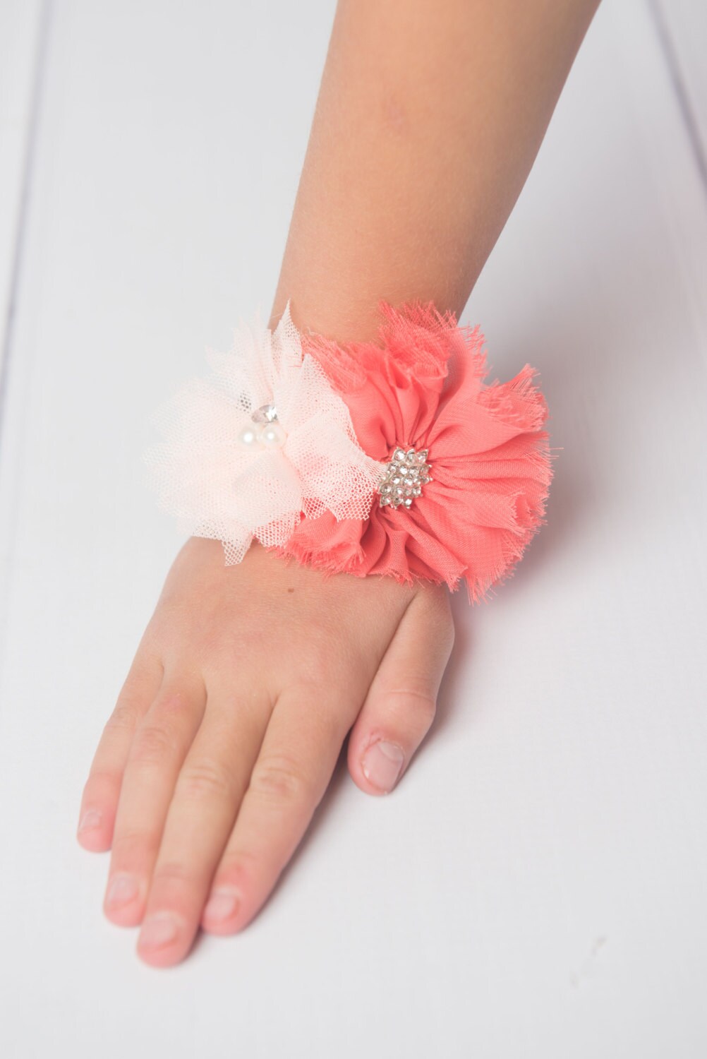 Coral corsage peach corsage flower girl corsage wedding