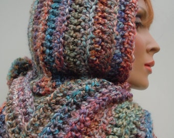 Hooded Scarf, Painted Desert Pixie Hood, Hat and Scarf Set, Womens Scarf, Crochet Hood