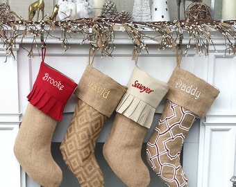 Personalized Elegant Burlap Christmas Stockings Print Moroccan Modern Diamond Ruffle Cuff Country Chic Rustic Sheek Personalized Embroidered