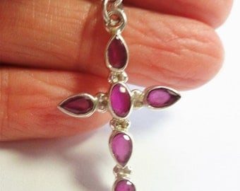 Ruby Cross Pendant Red Ruby Gemstone Cross Pendant on 16" Sterling Silver Chain