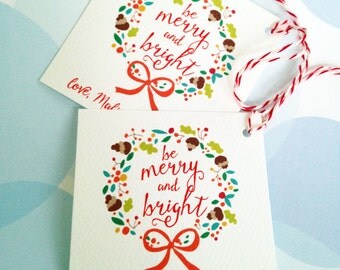 Christmas Tags, Personalized Christmas Tags, Custom Holiday Tags, Be Merry and Bright, Set of 24