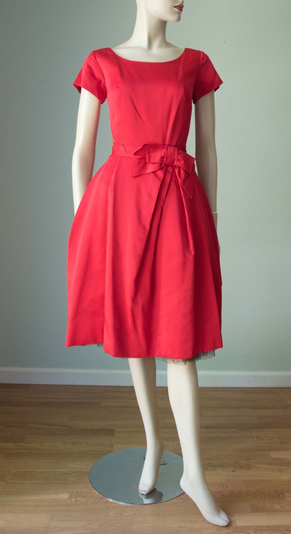 1950s Jr Theme New York Red Rayon Satin Dinner Dress