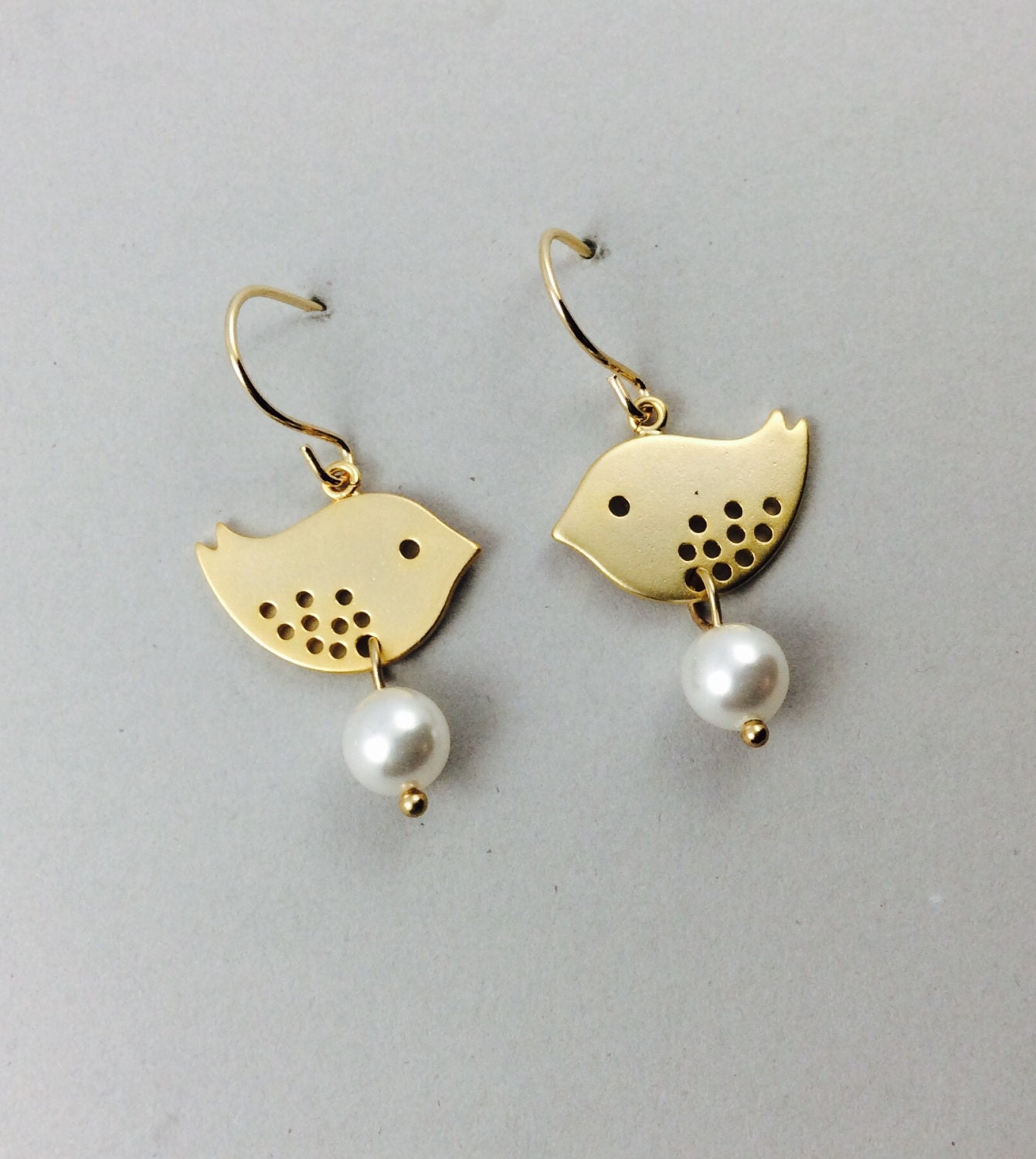Gold Bird Earrings With Round White Swarovski Pearls