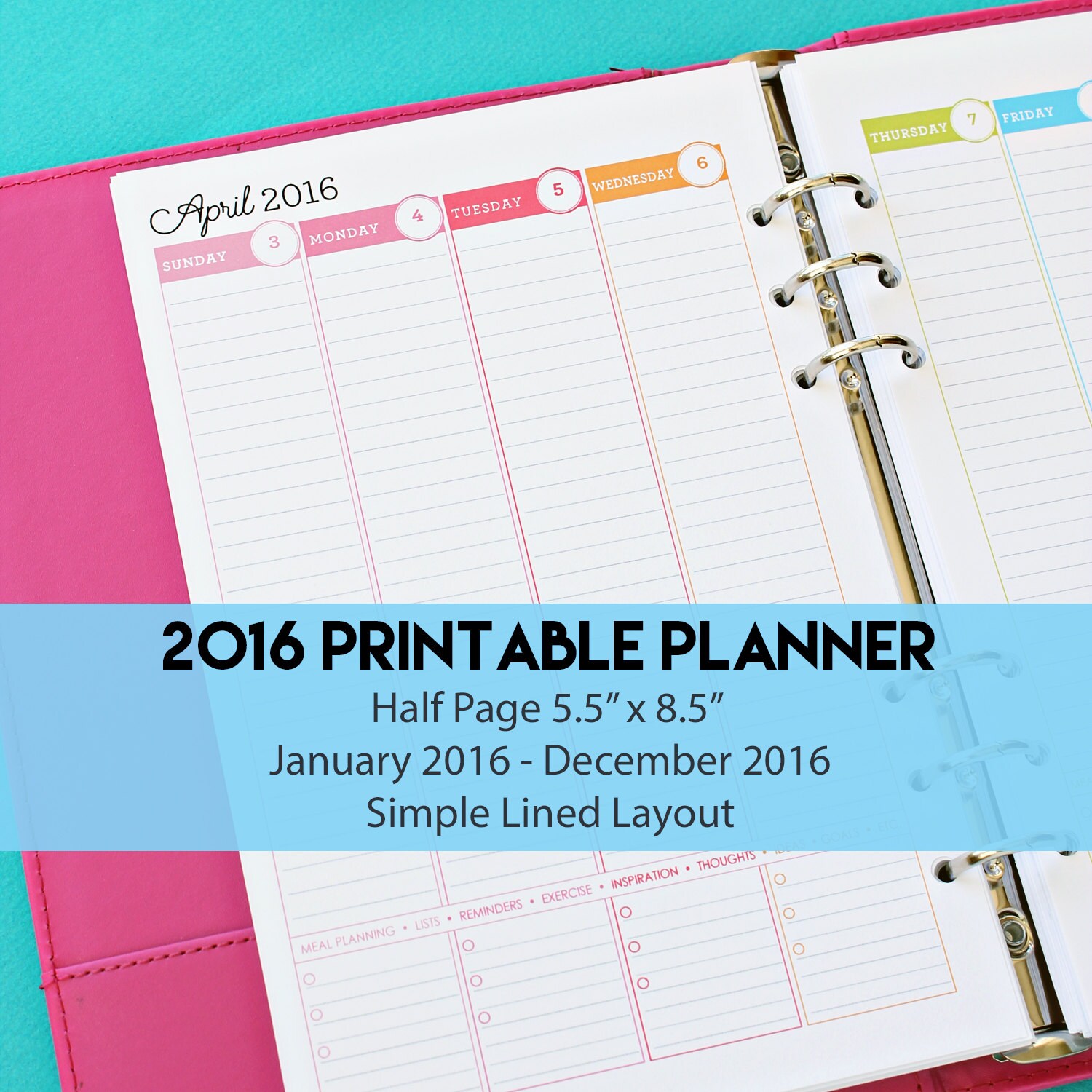 2016 weekly planner half page with simple lined by 505design